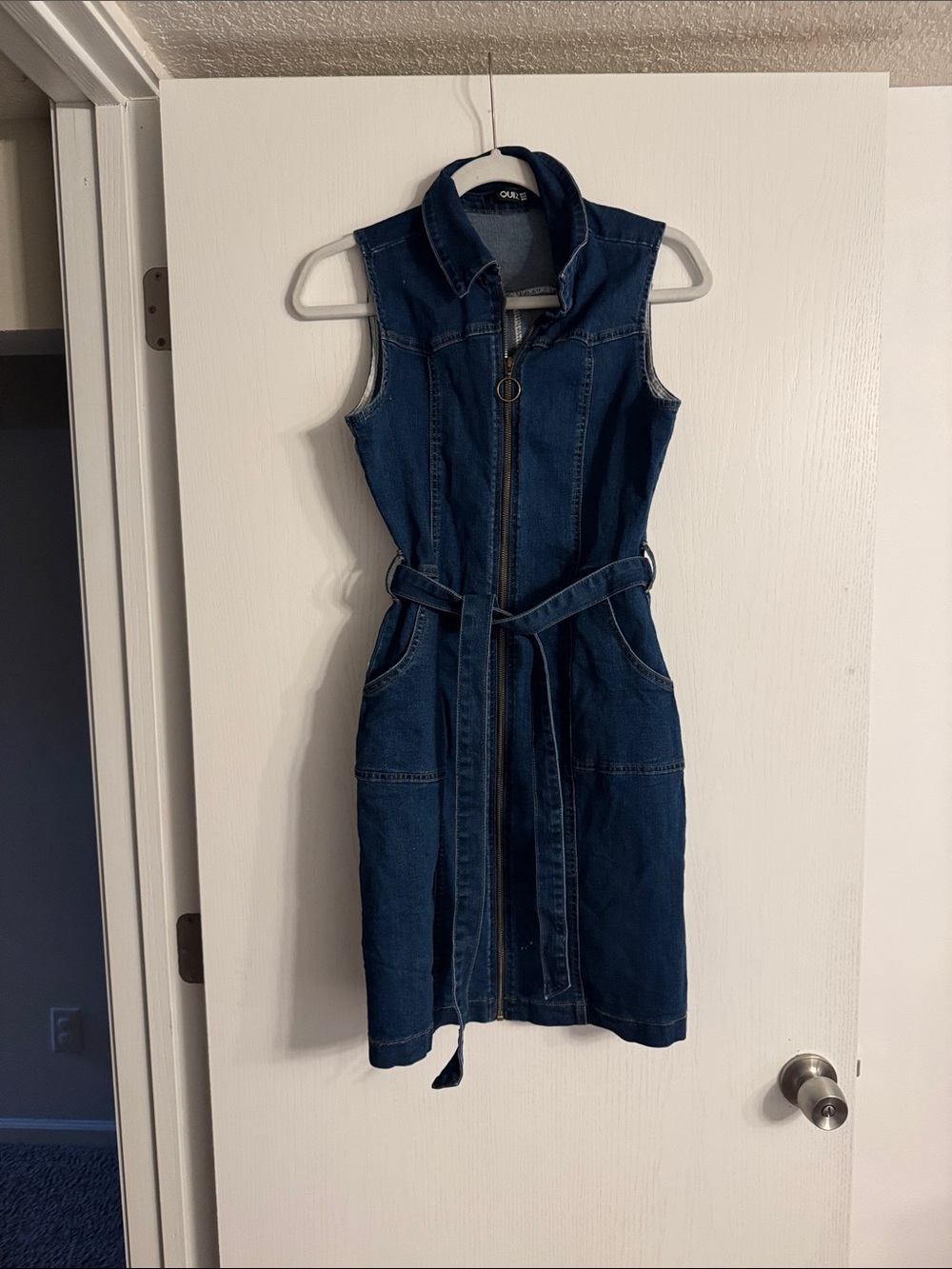 Dark Blue Denim Sleeveless Zip-Front Mini Dress with Belt